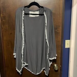 Gray Cardigan with White Pom-Pom Trim